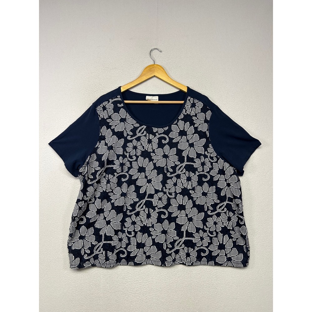 Classic Floral Lace Alfred Dunner Woman 2X Navy Blue Gingham Mixed Media Blouse